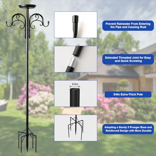 92" Double Shepherds Hook Heavy Duty, Metal Garden Plant Stand | 5-Prong ground base double shepherd hook with top platform bracket 0.75" rustproof tall pole for hanging plants & bird feeder