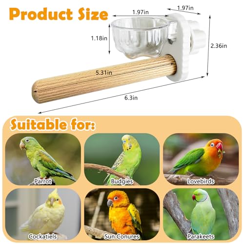 Kathson 3Pcs Bird Perch Feeding Cup Natural Wood Perches with Removable Bird Feeder for Cage Parrot Stand for Parakeets, Budgies, Cockatiels,Parrots, Birds Chewing Stick (White) - color: White