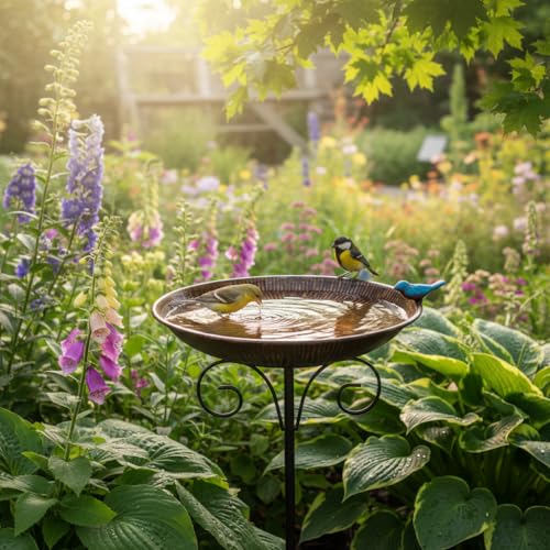 Metal Bird Bath for Outdoor,10" Wide Birdfeeder with Metal Stake | Vintage Bird Baths Feeder Bowl for Outdoors Garden Patio Yard Lawn Decor (Antique Bronze) - color: Brown-2