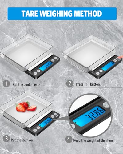 AMIR Digital Kitchen Scale, 500g/0.01g Mini Pocket Jewelry Scale, Cooking Food Scale with Backlit LCD Display, 2 Trays, 6 Units, Auto Off, Tare, PCS Function, Stainless Steel, Battery Included, Black - color: Black