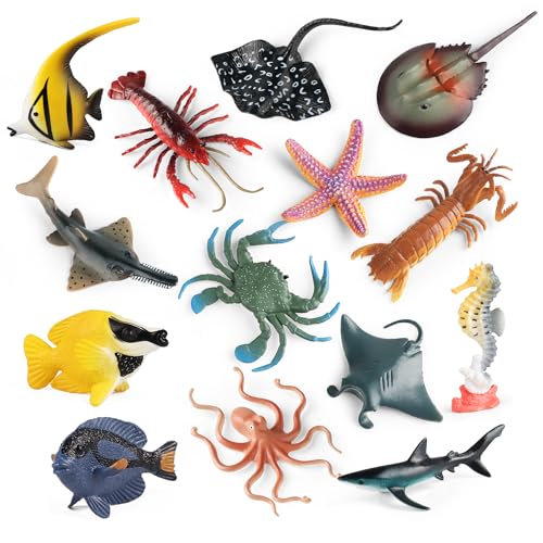 Sea Animals Toys Figures 21Pcs, Plastic Marine Creature Shark Fish Starfish Crab Lobster Octopus Seahorse Coral Jellyfish Ocean Life for Kids Birthday Party Favor Cake Decoration - style: Sea
