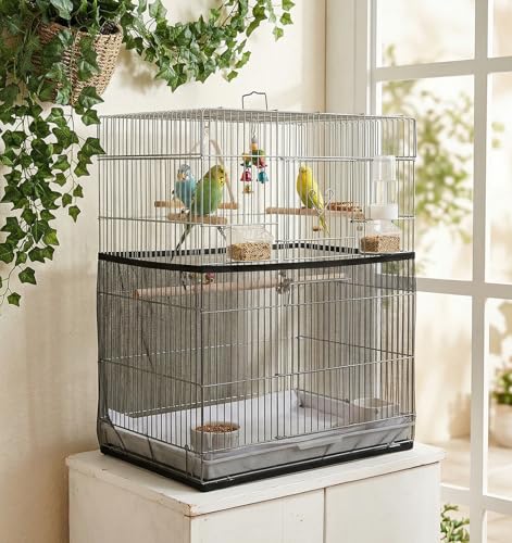 2 Pcs Bird Cage Seed Catcher, Bird Cage Net Cover Seed Catcher Guard Nylon Net Cover, Adjustable 137.8-196.9 Inches Circumference (Black & White, XL)