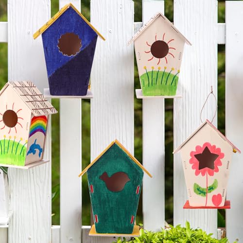 Outus 12 Pcs 5 × 7 Inch DIY Wooden Birdhouse Kit for Kids, Art Painting Bird House Craft Kit Unfinished Bird House Craft for Easter, Kids with Butterfly Sticker Gift 4 Shapes Summer Arts (Vintage) - style: Vintage