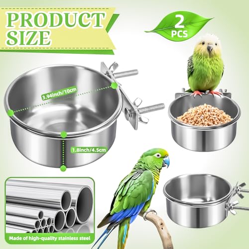 2 Pack Bird Feeding Bowls Cups Parrot Food Water Dishes, Stainless Steel Bird Bowl Cup Dish with Clamp, Birdcage Feeder Pet Cage Bowls for Parrot Cockatiel Budgie Conure Parakeet Small Animal - size: 2 Pack