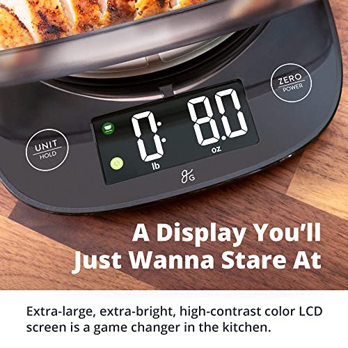 Greater Goods Digital Food Scale with Bowl, 11lb to 5kg Capacity, Grams and Ounces, Tare Function, 4 Units for Baking, Meal Prep, Weight Loss, Stainless Steel - color: Black with Bowl