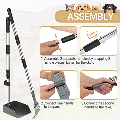 Dog Pooper Scooper, Dog Poop Tray and Rake Set with Long Stainless Handles | Pet Waste Removal Scoop with Adjustable Sectional Handles - color: Silver/Black