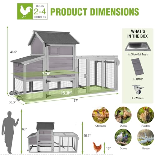 Gutinneen 77" Mobile Chicken Coop with Wheels for 4-6 Chickens, Expandable Wooden Hen House with Reinforced Nesting Box, Full-Cover UV Roof, Pull-Out Tray, Outdoor Duck Coop & Rabbit Hutch - color: (Grey-AIR27)