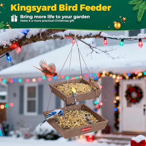 Kingsyard 2 Tier Large Platform Bird Feeder for Outdoors Hanging | Large Recycled Poly Lumber Tray, 5 Lbs Capacity, Garden Decoration Attracts Cardinal Bluebird Goldfinch, Brown - color: Brown