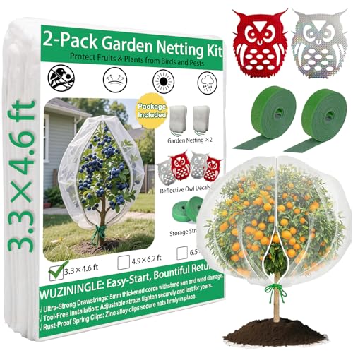 Bird Netting for Fruit Trees with Zipper, 2 Pack 3.3x4.6 ft Garden Netting Cover for Blueberry Bushes/Tomatoes, Include Owl Deterrent Reflective Tapes & Storage Straps - size: 3.3×4.6 ft