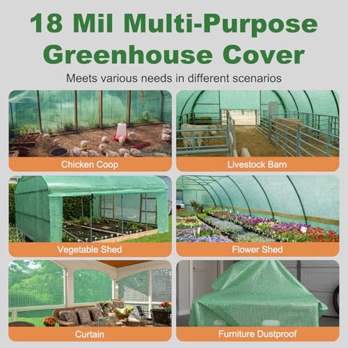 18 Mil Greenhouse Cover, 10x10 FT Clear Green Heavy Duty Greenhouse Tarp, UV Resistant Waterproof Green House Plastic Covering with Grommets for Garden, Farms, Nursery - size: Clear Green 10FTx10FT
