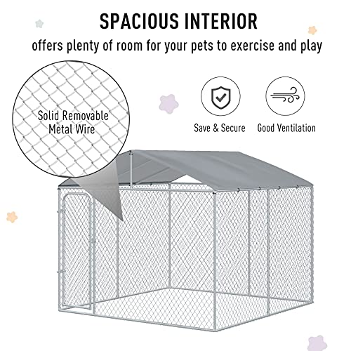 PawHut Outdoor Dog Kennel, Heavy Duty Dog Run Outdoor Fence with Waterproof Cover, Galvanized Chain Link, Secure Lock, 9.8' x 9.8' x 7.7' | Outdoor Fence, Waterproof Cover, Galvanized Chain Link, Secure Lock - size: 118.0"L x 118.0"W x 92.3"H