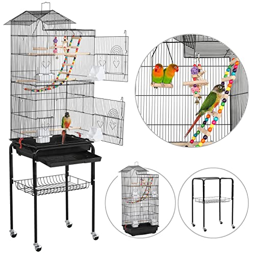 Yaheetech Bird Cage 64'' Medium Small Parrot Parakeet Bird Cages with Detachable Rolling Stand for Parrot Lovebirds Finches Parakeets Budgie Parrotlet Conures, Pet Flight Birdcage - color: Black