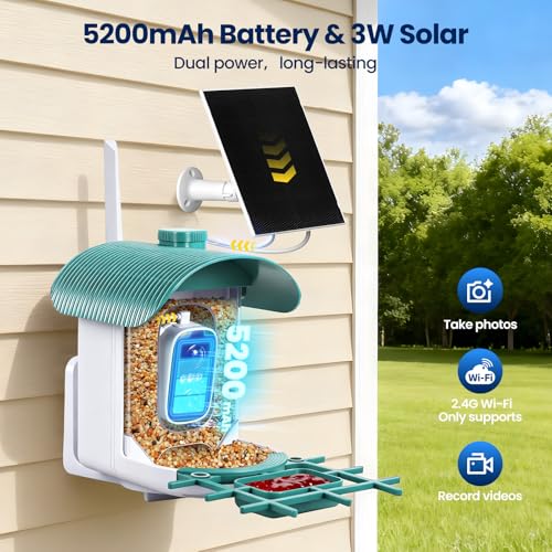 Smart Bird Feeder with Camera : 2K HD Video Live Stream, AI Birds Species Identification ＆ Instant Arrival Alerts, Solar Bird Feeder Camera for Outdoor Backyard, Ideal Gifts for Families nature lovers - color: Green