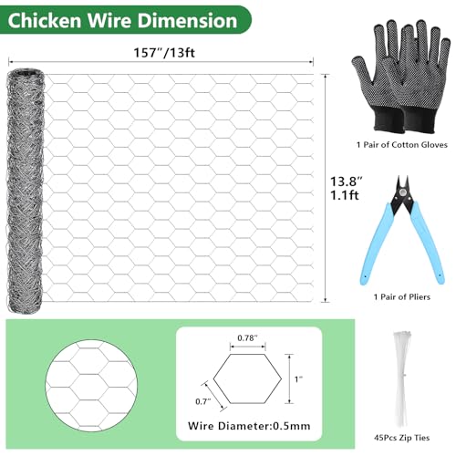 ROADPLUM Chicken Wire Mesh 13.8 x 157 in, Rustproof Galvanized Iron Garden Fence Barrier for Pet Rabbit Cat, Floral Chicken Wire Netting to Protect Poultry Plant Fruit - size: 13.8 x 157 in