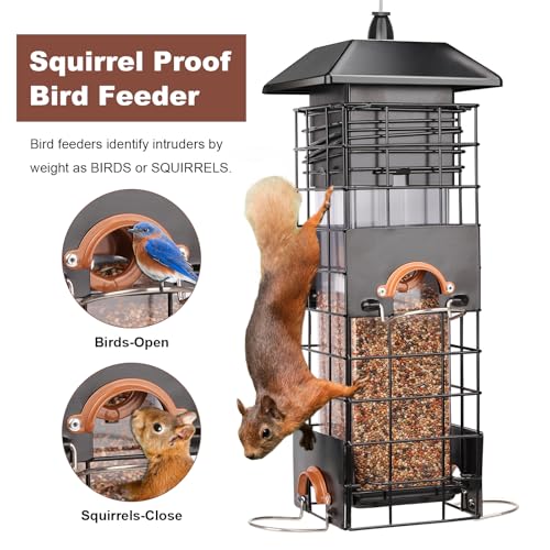 Squirrel Proof Bird Feeder, Hanging Feeder with Gravity Protection | 2.5 LB Large Capacity, Metal Feeders for Outdoors/Garden/Courtyard，4 Feeding Ports for Attract More Small Wild Birds, Black
