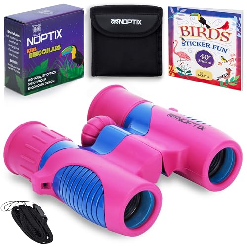 Binoculars for Kids, Girls or Boys Real Kids Binoculars in Vibrant Pink Blue - includes Sticker Book with 40 Bird Species - Kids Toys Small Binoculars, Toddler Binoculars - color: Pink and Blue