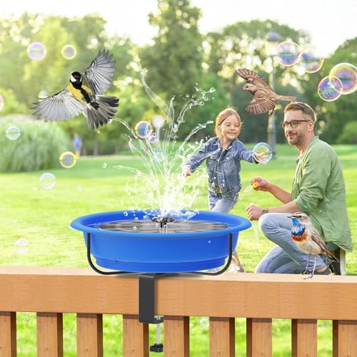 Deck Mounted Bird Bath for Outside, Detachable Plastic Bowl, Blue | Adjustable 3.2" Metal Clamp, Easy to Clean & Install, Railing Birdbath & Birdfeeder, Balcony Fence Garden Decor