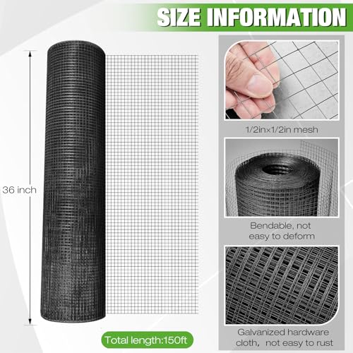 Tatuo Hardware Cloth 1/2 Inch 36in x 150ft Hot Dip Galvanized After Welded Cage Mesh Rolls 21 Gauge Metal Chicken Wire Roll Wire Fencing Poultry Netting for Raised Garden Rodent Animals(Black) - color: Black, size: 36in X 150ft