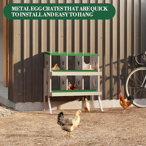 Galvanized Steel Chicken Nesting Box 6 Grids, Metal Egg Laying Boxes for Hens with Hinged Lid and Ventilated Design, Easy Clean Poultry Nest Box for Chicken Coop Accessories, Green, with Legs - color: Green, size: 6 Holes with Legs