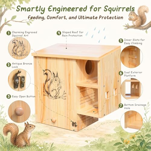 Large Squirrel House for Outside, Wooden Squirrel Nesting Box | Solid Pine Den Box, Predator Guard & Easy-Clean Front Door, Enhanced Protection, Backyard Habitat Shelter for Outdoor Winter - size: Large