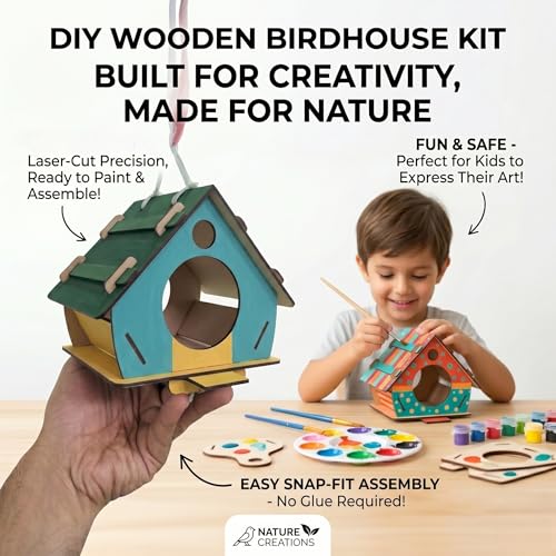 BAGJI TOYS Bird House Kits for Kids Ages 4-8, Wooden DIY Birdhouse Kit, Outdoor Woodworking Crafts Freestyle Painting, Bird Houses for Outside with Paints & Brushes, Boy Girl Gift Christmas