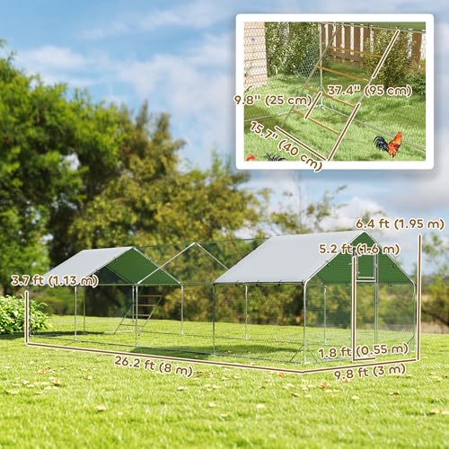 PawHut Metal Chicken Coop with Feeding Door for 24-30 Hens 26'x10'x6.4' | Large Chicken Run Hen House, Waterproof Cover, Hanging Feeder, Perch, Poultry Cage, Outdoor Backyard Farm - size: 315.0"L x 118.1"W x 76.8"H