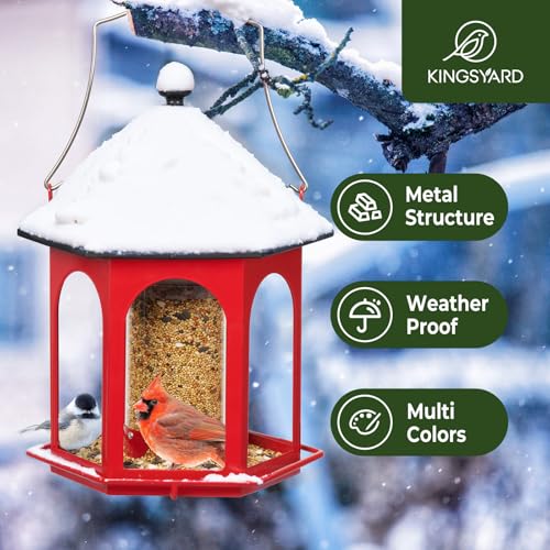 Kingsyard Metal Bird Feeder for Outdoors Hanging, 3 lbs Seed Feeder, Wild Bird Feeders for Garden Cardinal Finch Bluebird, Easy to Fill & Clean, Red - color: Red
