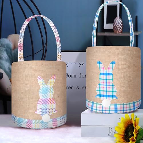 Easter Bunny Basket Canvas Easter Egg Hunts Decorations Storage Reusable Grocery Candy Bag Gifts - style: Blue+pink