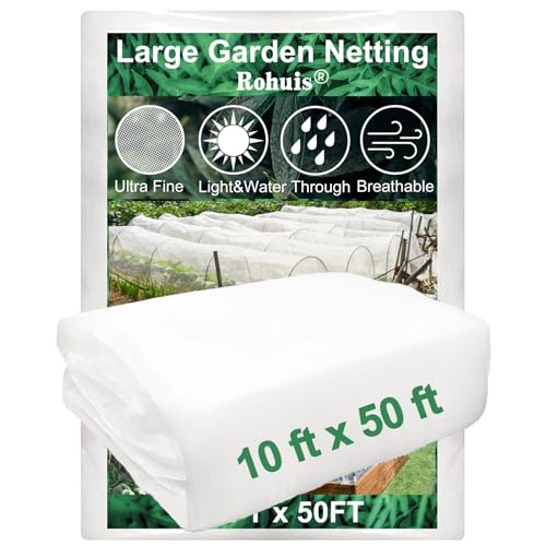 Rohuis Garden Netting Pest Barrier, 10x50 FT Ultra Fine Mesh Insect Netting | Plant Row Cover for Raised Beds, Vegetables, Blueberry Bushes and Fruit Trees,Use for Greenhouse,Seedlings,Porch and Balcony