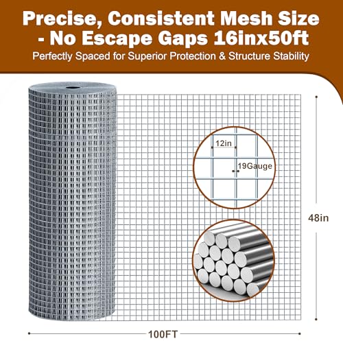 Hardware Cloth 1/2in 48in x100ft Hot Dip Galvanized Rust Resistant Welded Wire Mesh,Chicken Wire Fence Garden Plants Fencing,Chicken Coop Rabbit Poultry Critters Metal Cage Roll