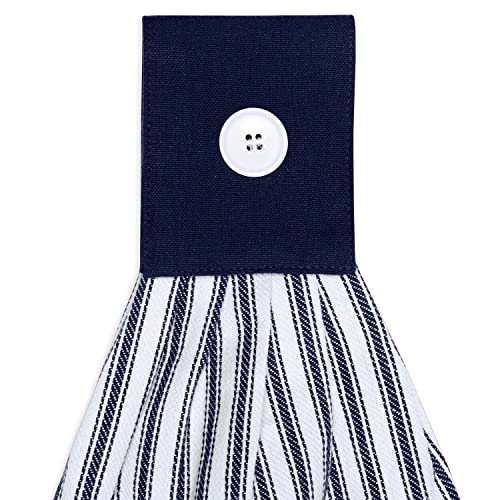 Navy Blue and White Ticking Stripe Hanging Kitchen Dish Hand Towel Cotton with Button Accent, Set of 2 - color: Navy Blue