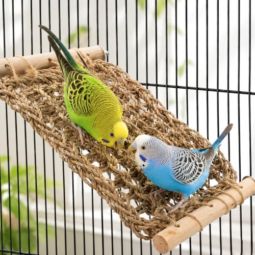 Bird Seagrass Mat Parrot Climbing Ladder Perch for Cage | Natural Sea Grass Woven Net Hammock, Birds Bridge Stands, Parakeet Chewing Rope Cage Accessories for Lovebird Budgie