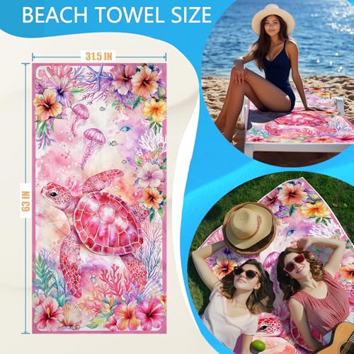 Sea Turtle Beach Towel Bag - Pink Multi-Functional Microfiber Beach Blanket Flower Printed Drawstring Bag for Travel - color: Summer Turtle Pink