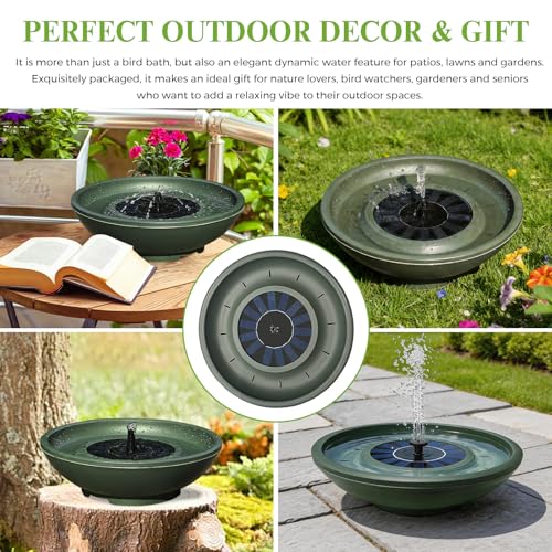 Solar Bird Bath with Fountain,12.4" Dark Green Birdbath for Outdoors,Tool-Free 10s Assembly,6 Spray Nozzles,Lightweight Plastic Water Feature for Garden Decor,Patio Gitf,Hummingbirds