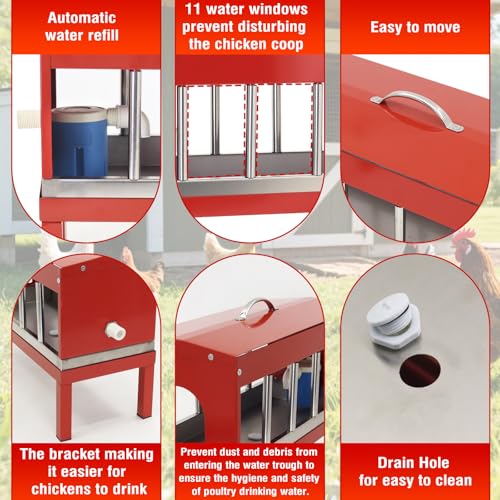 Automatic Chicken Waterer Stainless Steel with Hose Large Poultry Dispenser | Float Valve&Detachable Legs,Fits 3/4" GHT, No Mess 10 Drinking Holes, Rust-Proof, For Chickens, Ducks,Geese & Turkeys