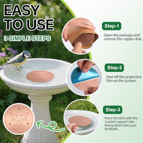 2 Pack Bird Bath Copper Discs, 99.9% Pure Copper Disk Cleaner with Triple-Point Support, Reinforced Design for Safe Clean Water, Universal Fit for Outdoor Birdbaths and Bowls, All-Season Use