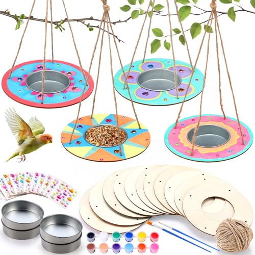 CroBlissful 12 Pack Bird Feeder Craft Kits for Kids DIY Your Own Bird Feeders with Paint and Paintbrushes Wooden Arts and Crafts for Kid Ornaments to Paint Feeders Craft for Garden (Round) - style: Round