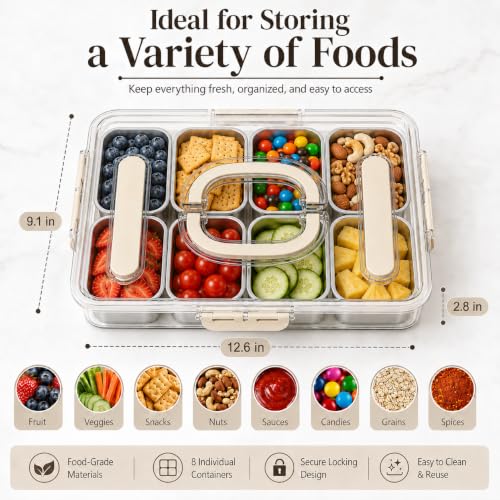 Snackle Box Container, Stainless Steel Divided Serving Tray with Lid, Handle and Forks - color: 8 pack