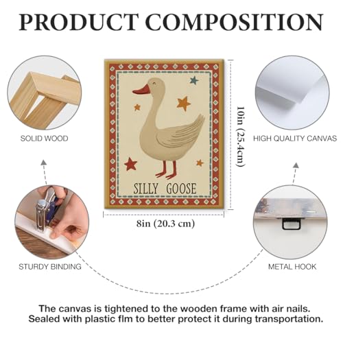YJIKRTVT Whimsical Silly Goose Canvas Wall Art, Funny Vintage Farmhouse Animal Painting, Rustic Nursery Bedroom Living Room Decoration, 8x10 Inch - color: Goose