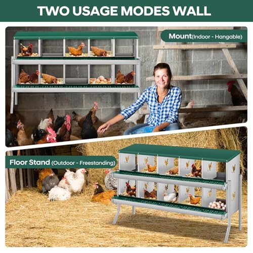 10 Compartment Chicken Nesting Box, Heavy Duty Metal Laying Box with Perch, Easy Assembly & Easy Clean for Outdoor Chicken Coop, Green - color: Green, size: 10 Compartment with legs