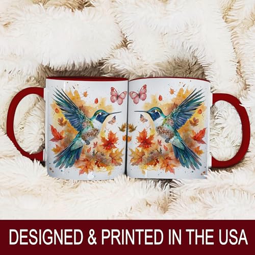 Hummingbird and Butterfly Watercolor Coffee Mug, Fall Bird Lover Mug, Autumn Leaves & Artistic Splash Design, Nature-Inspired Drinkware for Morning Coffee or Tea-Red Handle (Hummingbird) - color: Hummingbird