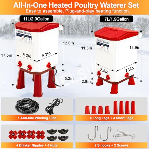 Heated Chicken Waterer, 7L Chicken Water Heater Bucket for Winter with 4 Nipple Drinkers, Anti-Freezing, Winter and Summer Dual-use, Automatic Heated Poultry Drinker for Coop (Red) - size: 1.9 Gallon