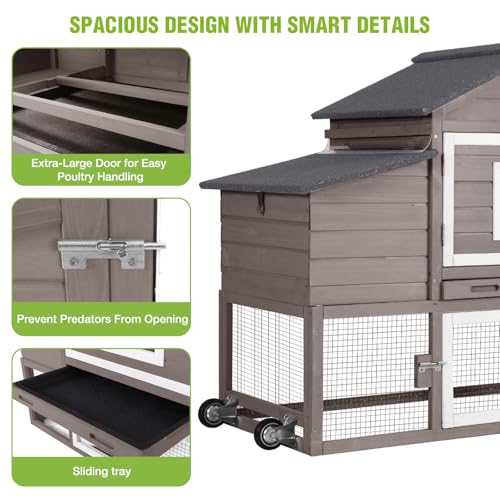 GUTINNEEN Large Chicken Coop with Wheels, Expandable Mobile Outdoor Chicken House, Hen House Poultry Cage with Nesting Box, Leakproof Pull-Out Tray & UV-Resistant Roof – Brown - color: (Brown)