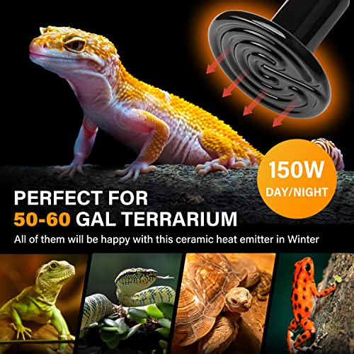HealSmart Reptile Heat Lamp 150W 2-Pack Ceramic Heat Emitter, No Light Emitting Heat Bulbs for Amphibian Pet Brooder Coop Incubating Chicken, Lizard Bearded Dragon Turtle Snake Terrarium - size: 150 Watts, style: D-85mm (3.35")