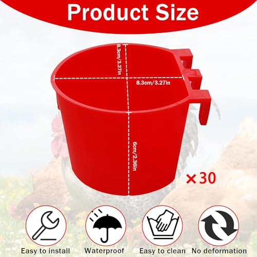 30 Pcs Chicken Coop Feeder Water Cup,8 oz Cage Cups Chicken Feeder Waterer, Cage Cups Birds Hanging Feeders, Chicken Feeder Water Bowl for Parakeet Poultry Pigeon Bunny Wire Cage (Red) - color: Red, size: 8oz