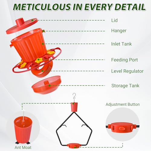 Retractable Hummingbird Feeder – 6 Feeding Ports, Leak-Proof, Ant & Bee Proof, Easy Top-Fill & Easy to Clean, Durable ASA Plastic, 18.5 oz Capacity, Adjustable Hanging System with 44" Extension(Red) - color: Red,1 Pack