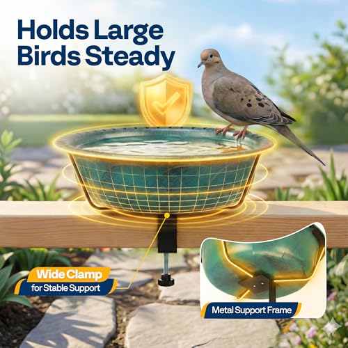 VIVOHOME Deck-Mounted Bird Bath with Adjustable Metal Clamp, Green | Weather-Resistant ABS, 1.45-Gallon Capacity, for Railing/Fence/Balcony, Bird-Friendly, Easy to Clean - color: Green, size: Birdbath Only
