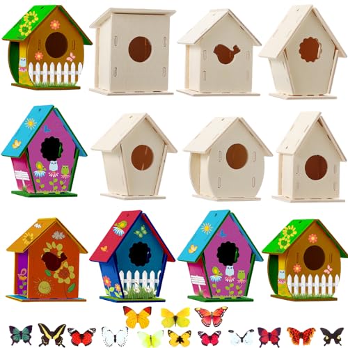 Sawysine 107 DIY Birdhouse Kits, Wooden Bird House Multiple Entrance | 48 Wooden Bird House Kits in 6 Shapes and 57 Butterfly Sticker for Children Fall Craft Activity Art DIY Project - style: Cute Style