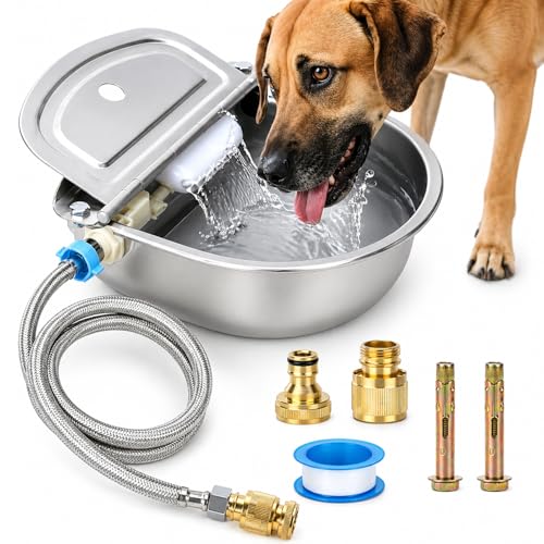 FHTONGE 304 Stainless Steel Automatic Dog Water Bowl Dispenser with Outfall | Float Valves Auto Fill, Wall-Mounted Dog Waterer for Outdoor Big Dog Livestock Poultry Horse Cow Goat Pig Chicken Duck Rabbit