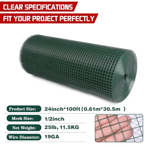 Hardware Cloth 1/2inx24x100ft,Chicken Wire Fencing,Welded Wire Mesh, Vinyl PVC Coated Mesh,Coop Garden Plant for Rabbit,Snake,Rodent,Foxes,Raccoons Poultry Netting Cage Farm Protection - color: Green, size: 1/2in 24in×100ft